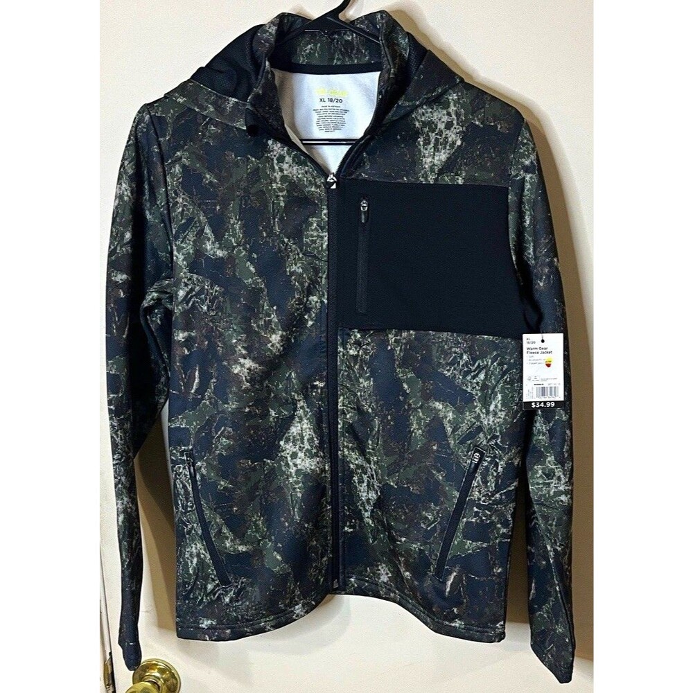 Tek Gear Boys XL 18/20 Camo Green/Black Hooded Full Zip Fleece Jacket Pockets